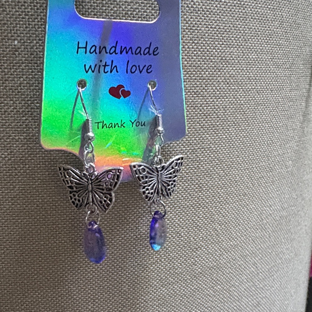 Silver Butterfly Earrings with Purple Accents